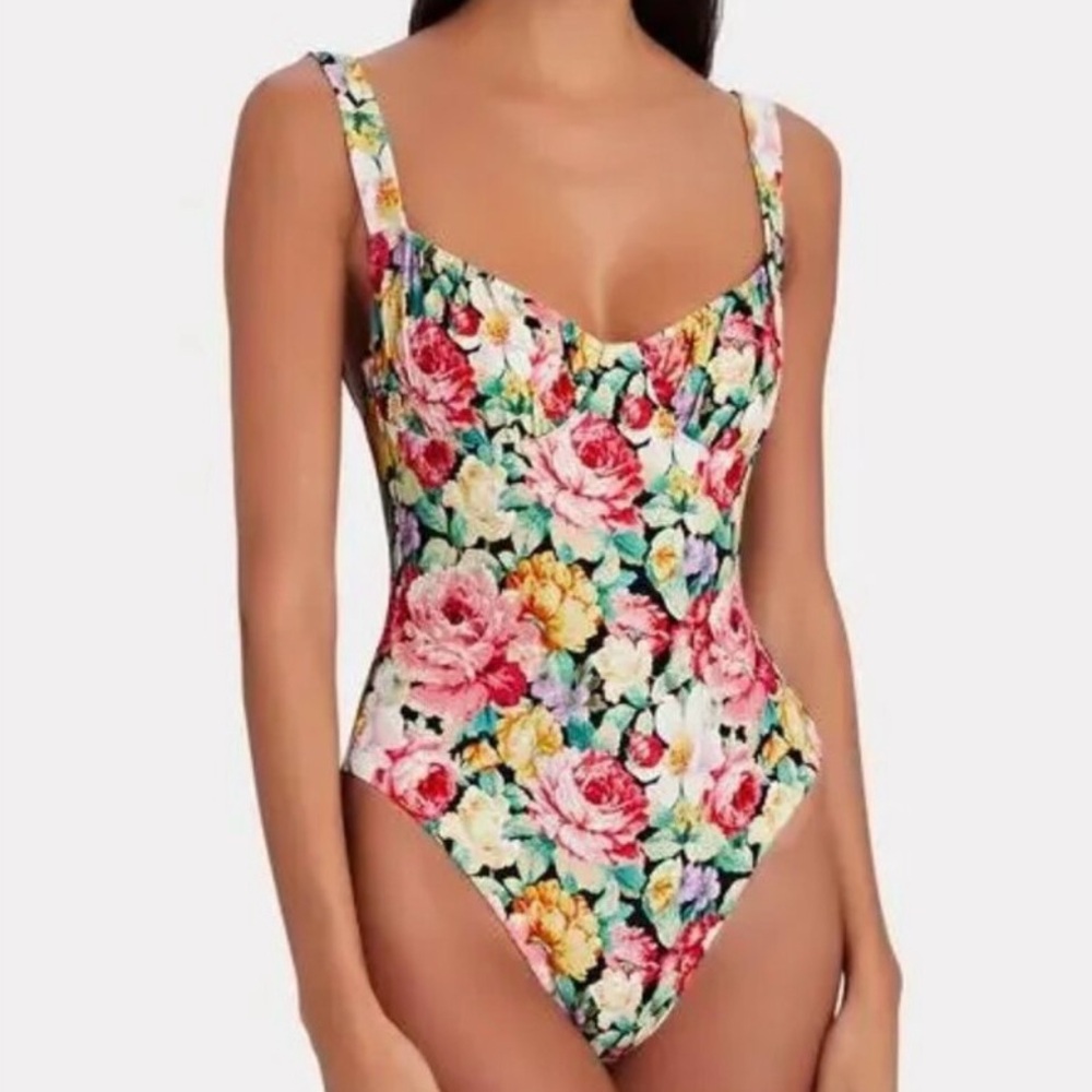 WeWoreWhat Ruched Cup One Piece Swimsuit Vintage Roses Floral Coquette NWT Large